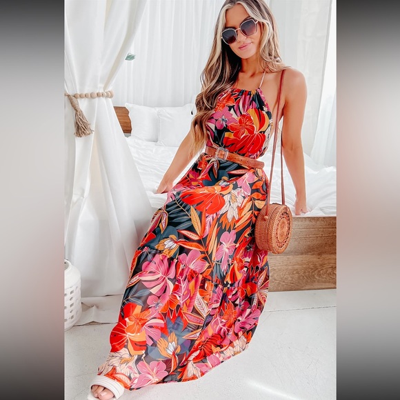 BALI BREEZE TROPICAL PRINT HALTER NECK MAXI DRESS (BLACK/PINK/ORANGE) - Picture 4 of 5